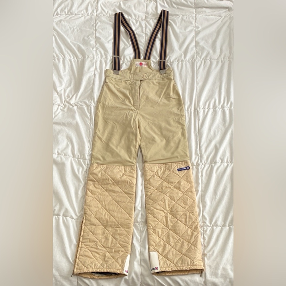 Vtg Colmar Women's Ski Pants Jumpsuits with Striped Suspenders Beige Size 6